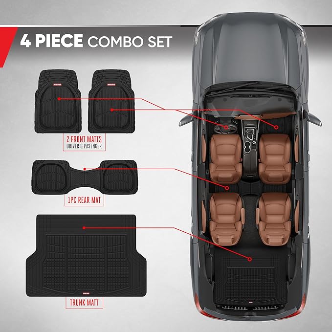 Motor Trend FlexTough Contour Liners Deep Dish 3 pc Rubber Floor Mats & Trimmable Trunk Liner Cargo Mat - Heavy Duty All Weather Protection Car Mats with Traction Grips Car Accessories (Black)