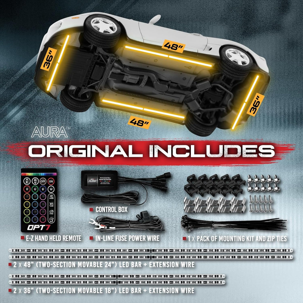 OPT7 Aura Aluminum LED Underglow Kit for Car with Remote Control, Exterior Neon Accent Under Glow Lights, Rigid Waterproof Strip Lights, Music Soundsync Mode, Multicolor RGB Light Bars