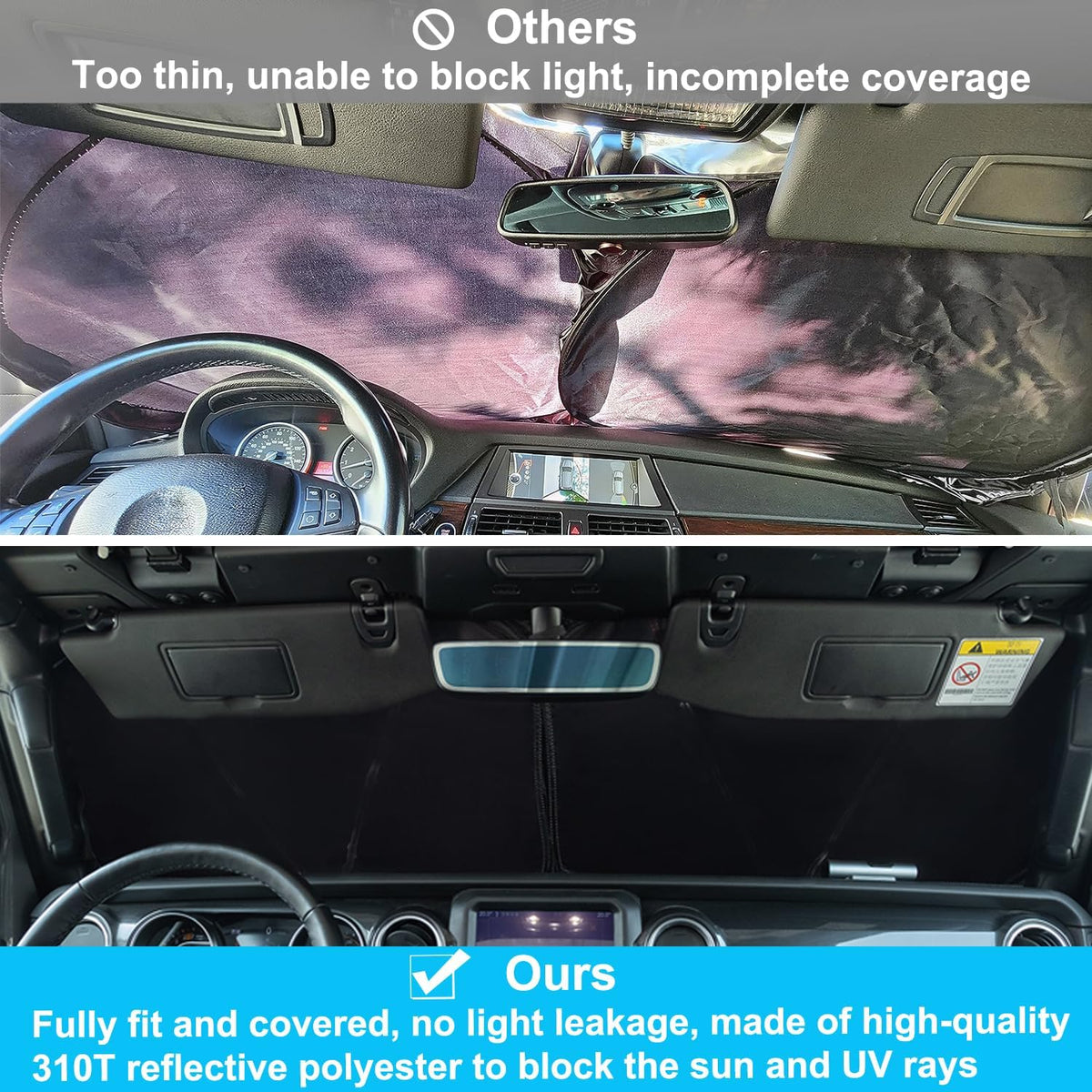 Premium Windshield Sun Shade for 2018-2025 Jeep Wrangler JL JLU & 2020-2025 Jeep Gladiator, Reflective 310T Material Front Window Sun Visor Blocks UV Rays Foldable Sunshade with Storage Pouch