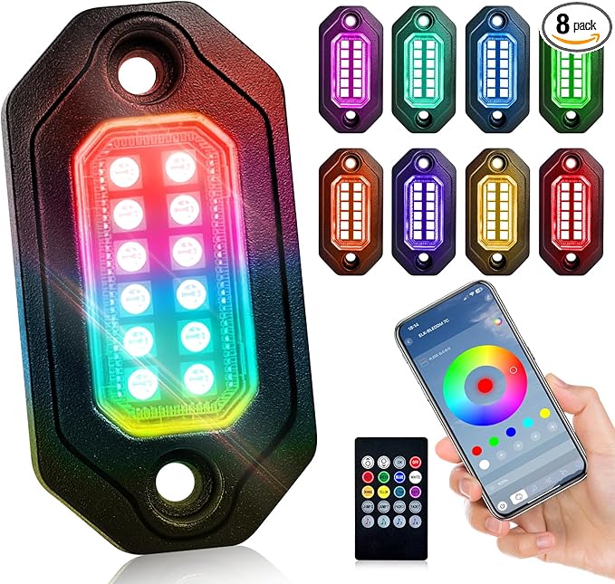 RGB LED Rock Lights Kit, 8 pods Multicolor Neon Light with Bluetooth App/Remote Control Flashing Music Mode, Aluminum Metal, IP68 Waterproof, 12v for Truck ATV UTV SUV