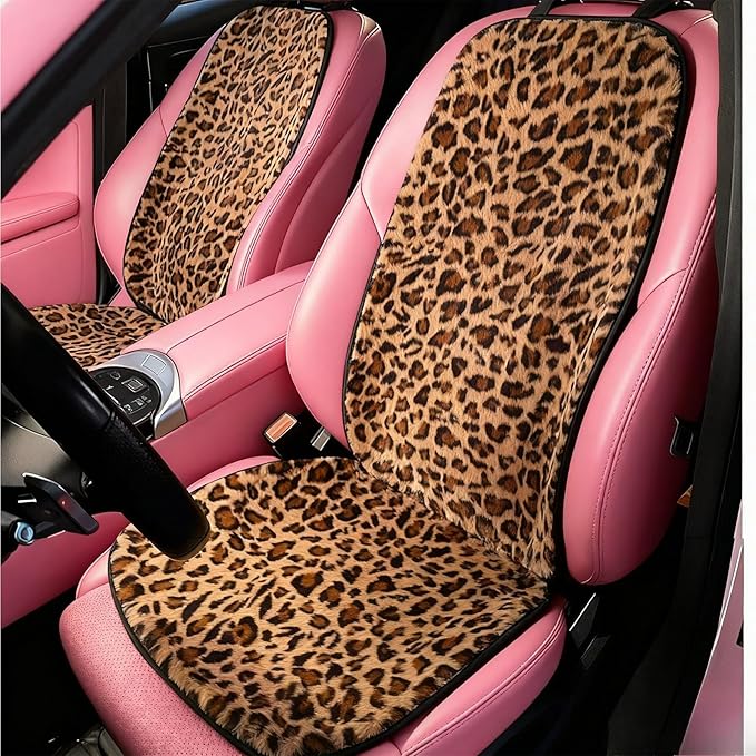 Leopard Print Car Seat Covers Fluffy Front Rear Car Seat Covers Set Lumbar Support Pillow Car Accessories for Women (backrest) (Rear Car Seat Cover)