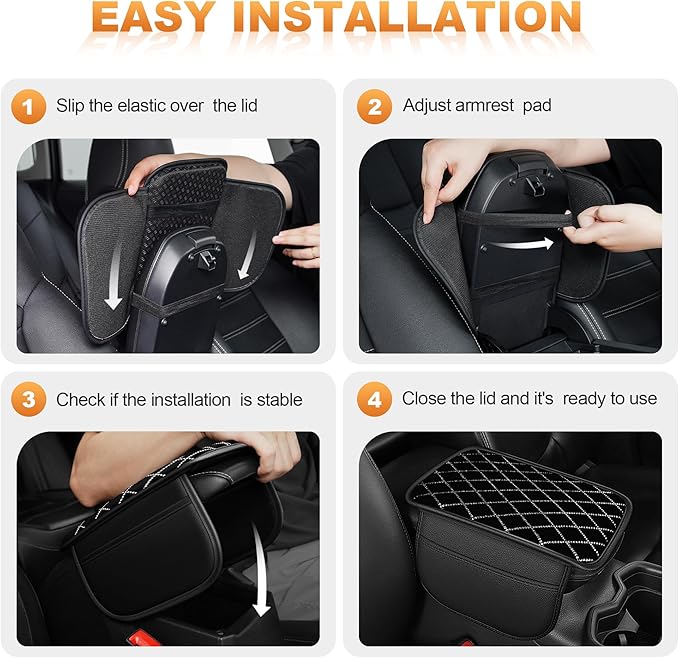 Center Console Cover Fit for Kia Soul 2010-2025 with 2 Storage Bags Quilted-Studded Leather Quilted Pattern Car Armrest Cover Cushion Anti-Slip(Black&Quilted)
