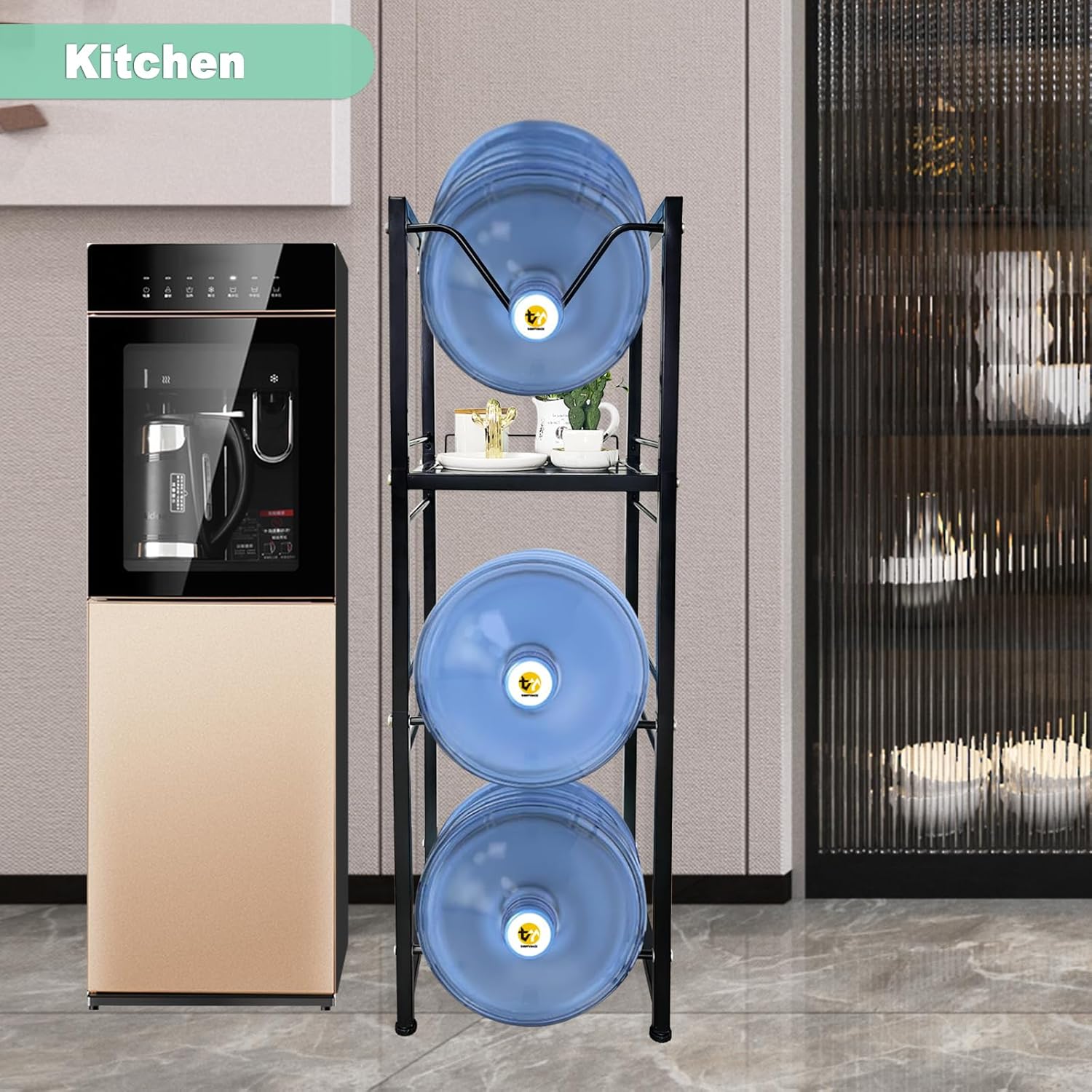 5 Gallon Water Jug Holder with 3-Tier Storage Shelves - Heavy Duty Stand with Fast Flow Spout - Fits 55mm Water Bottle - For Kitchen, Living Room, Office - Black