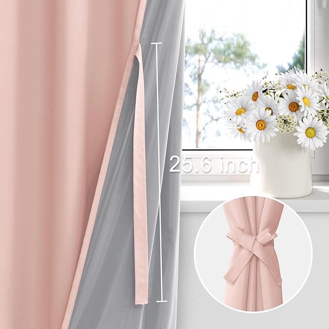 XWZO 100% Blackout Curtains with Tiebacks- Double Layer Total Shading Window Treatment Thermal Insulated Lined Drapes with Grommets for Bedroom/Patio Door, Blush Pink, W52 x L54, Set of 2 Panels