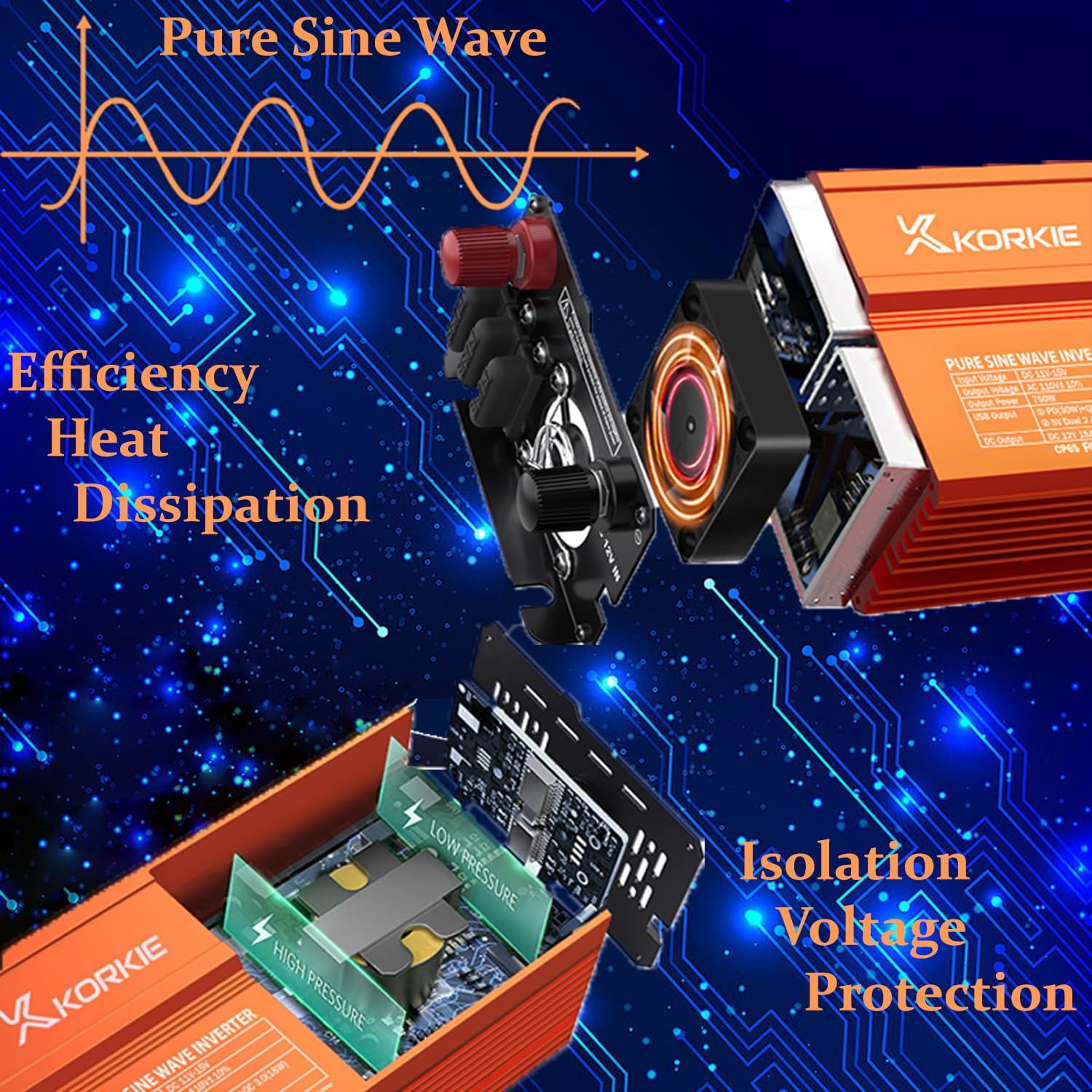 750W Pure Sine Wave Inverter, Car Power Inverter, 12V DC to 110V AC Power Converter, Emergency Power Inverter with Type-C, Dual 5.2V/2.4A USB, 3AC Outlets for Home,Camping, RV, Truck, Vehicles