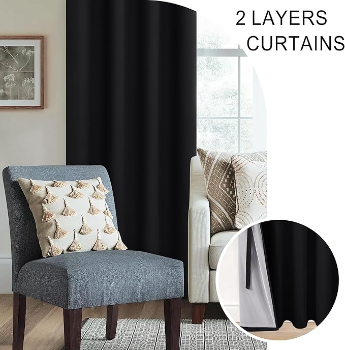 XWZO 100% Blackout Curtains 84 Inches Long with Tiebacks- Privacy Protection, Energy Efficiency Window Draperies Grommet Top with Black Liner for Bedroom/Living Room, Black, W42 x L84, Set of 2