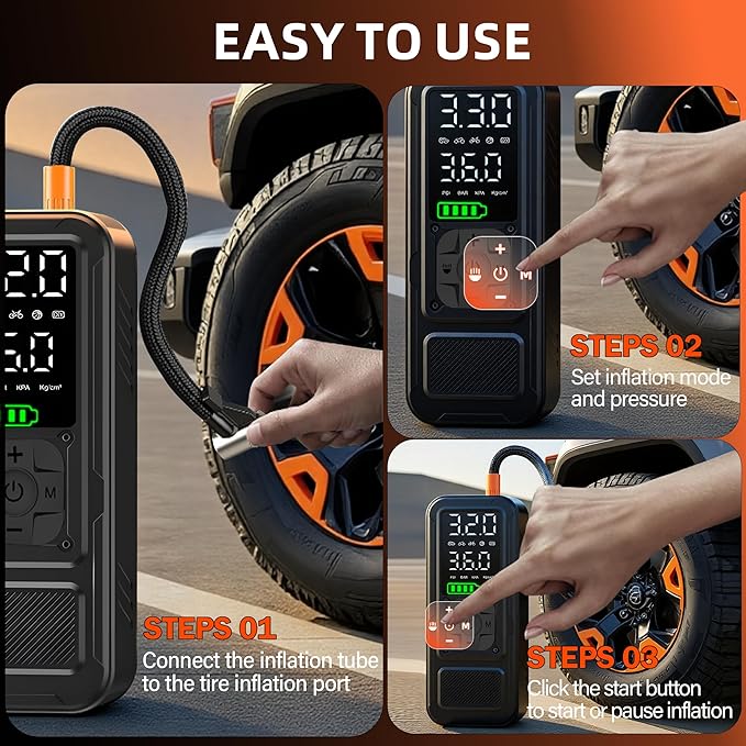 Y34 Tire Inflator Portable Air Compressor,4X Faster Inflation,6000mAh Cordless/12V DC 150PSI Air Pump with Digital Pressure Gauge for Car,Motorcycle,Bike,Ball Gifts for Men