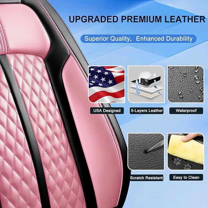 Fit CX-50 Car Seat Covers for Select Mazda CX50 2023-2026, Full Coverage Leather, Airbag Compatible, Luxury Waterproof All Weather Seat Protector, Full Set, Black+Pink