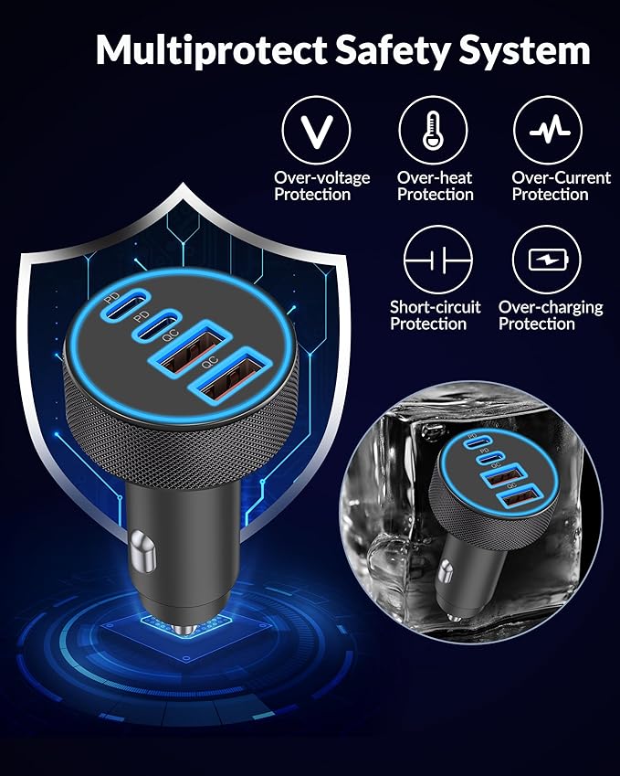 iPhone 17 16 15 Car Charger Fast Charging, 90W 4-Port USB C Fast Car Charger Cigarette Lighter Adapter with 240W 3FT USB-C Cable for iPhone 17/Air/17 Pro/17e/16/15 Pro Max/Plus/16e, iPad, Android