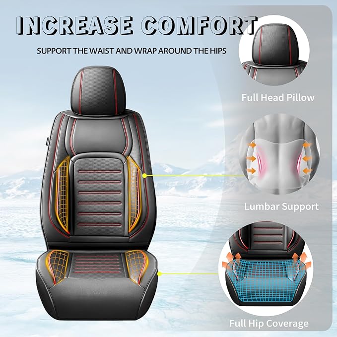 Fit HRV Premium Leather Car Seat Covers Compatible with Honda HRV 2016-2026, Breathable, Wear Resistant, Airbag Compatible, All-Weather Protection & Full Coverage, 2 Front Seat Red Line Black