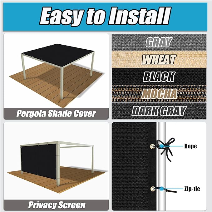 Amagenix 90% Shade Fabric 7'X 10' Black Sun Shade Cloth with Grommets for Pergola Replacement Shade Cover Canopy, Heavy Duty, Cable Zip Ties Included (We Customized)