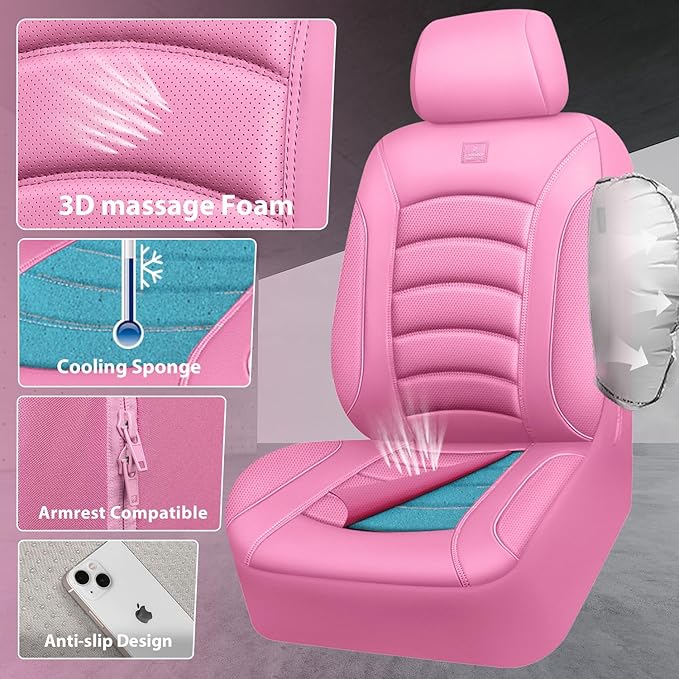 CAR PASS 3D Foam PU Leather Pink Car Seat Covers, Universal Seat Covers Front 2 for Trucks SUV Sedan Automotive Seat Covers Armrest Airbag Compatible Waterproof Comfortable Faux Nappa Leather All Pink