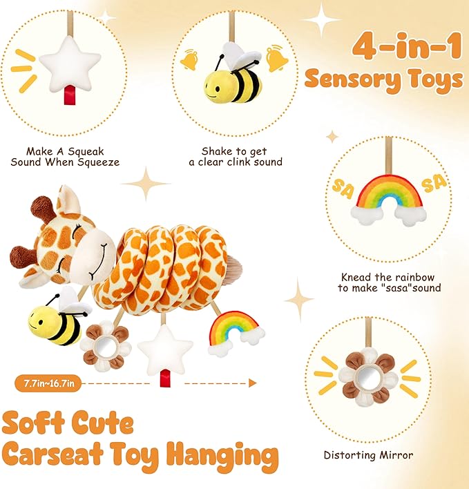 Stuffed Spiral Car Seat Baby Toys 6-12 Months, Infant Giraffe Sensory Toys Hanging Stroller Accessories, Newborn Shower Gifts for Baby Boys Girls Essentials | Cute Colorful Giraffe