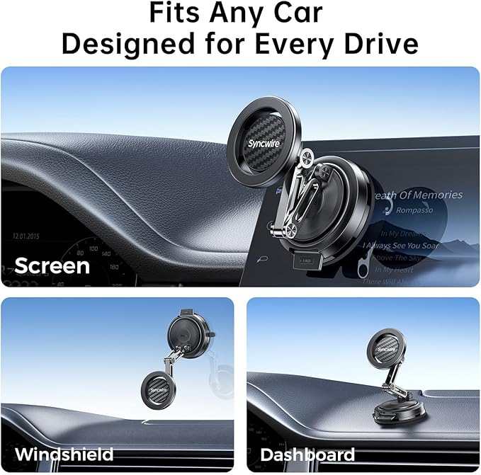 SYNCWIRE for MagSafe Car Mount, [3-Axis Adjustable] Vacuum Magnetic Phone Holder, Replaceable Suction Cup (Dashboard/Windshield), 360° Rotation, Foldable, for iPhone 17-12 Pro/Max/Plus, Carbon-Fiber