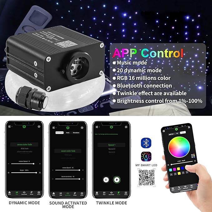 ATOKEE 16W Twinkle 550pcs Starlight Headliner Kit, 0.03in/0.75mm 9.8ft/3m Small Size Fiber Optic Car Star Roof Lights with Bluetooth APP/Remote Control