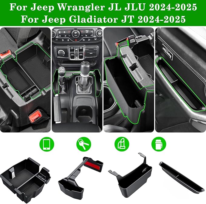 Eamplest 4PCS Center Console Organizer for 2024 2025 2026 Jeep Wrangler JL JLU 4XE and Gladiator JT Accessories Gear Shift Side Tray Organizer,Hanging Armrest Storage Box