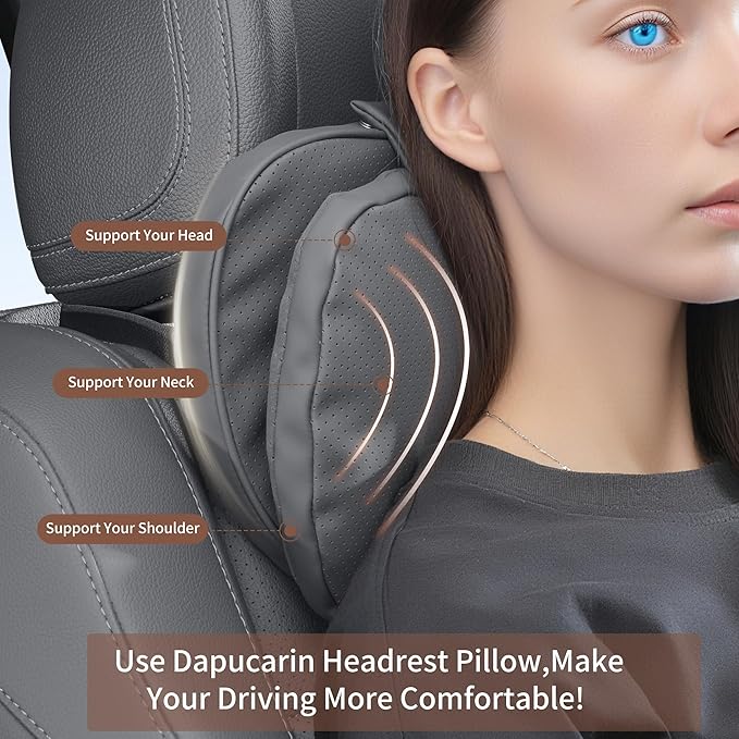 Car Headrest Pillow for Driving, Dual-Sided Leather Design Neck Pillow, Breathable Softness Neck Support, Universal Fit Head Rest Travel Pillow, Gray, 1 Pack