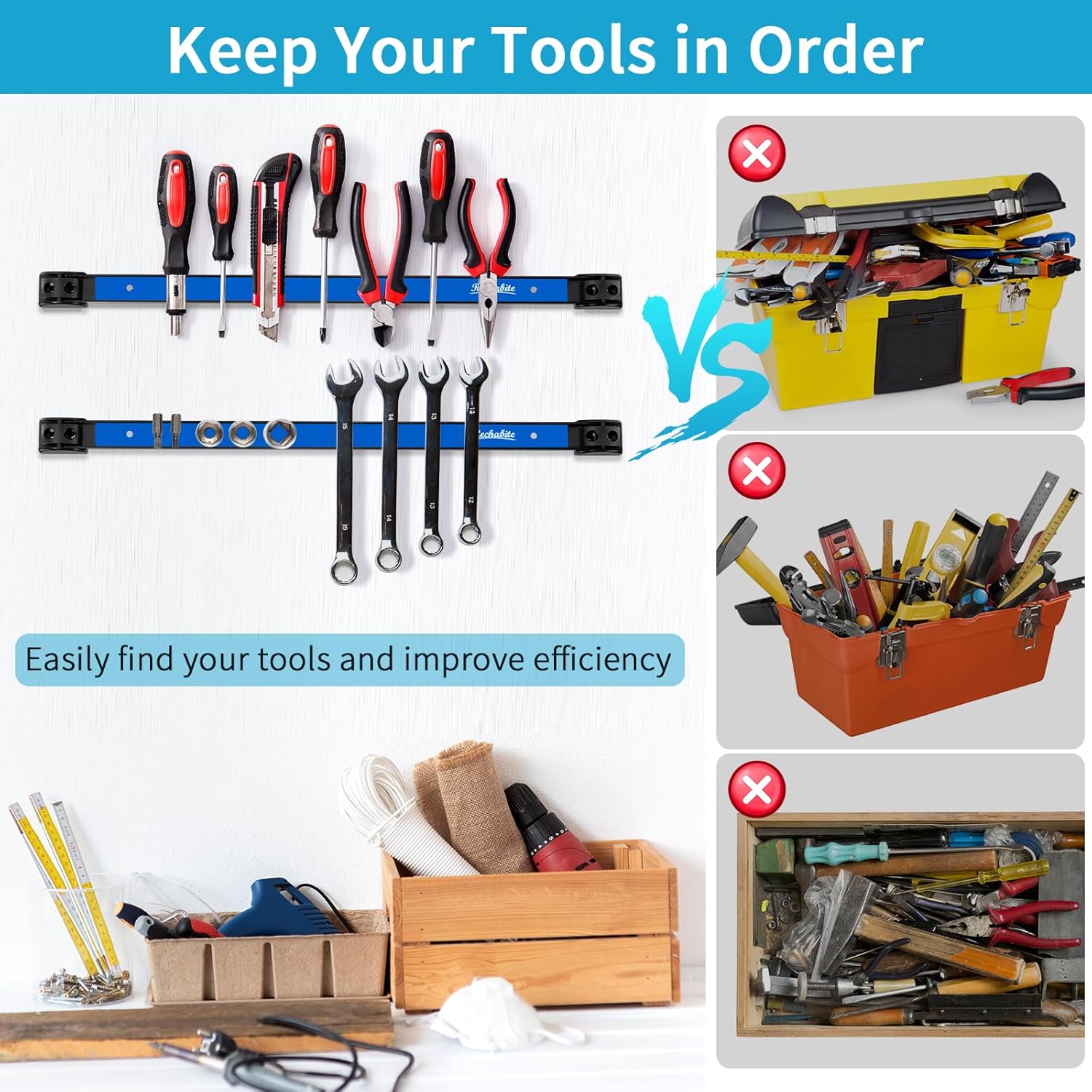 6 Pieces 18" Magnetic Tool Holder Strip, Blue Magnet Bar, Metal Tool Organizer Rack for Garage Organization, Easy To Install in Workshop, Mounting Screws Included