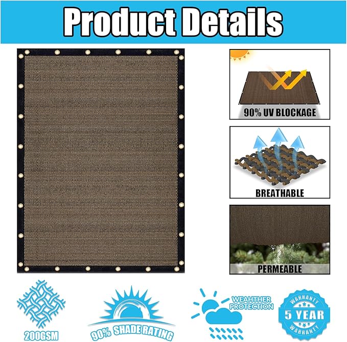 Amagenix 90% Shade Fabric 12'X 16' Mocha Sun Shade Cloth with Grommets for Pergola Replacement Shade Cover Canopy, Heavy Duty, Cable Zip Ties Included (We Customized)