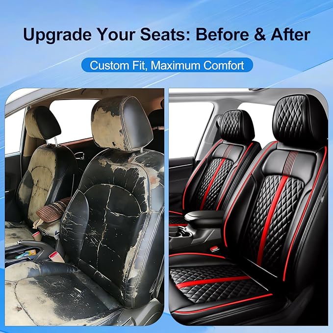 Fit Ridgeline Car Seat Covers (Front Pair) for Select Honda Ridgeline 2007-2026 - Premium Full Coverage Leather, Waterproof & All Weather Seat Cushion Protector, Black with Red Trim