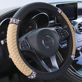 Bling Soft Leather Steering Wheel Cover 15 Inch with Sparkly Diamond Rhinestones for Women and Girls – Elastic Car Accessory for Most Cars (Beige)