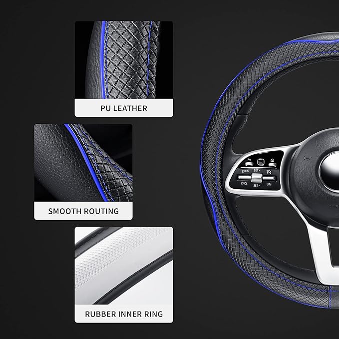 GXT Steering Wheel Cover, PU Leather, Universal 15 Inches, Non-Slip, Odourless Car Interior (Black Blue)