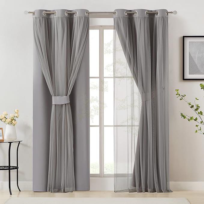 Bujasso Grey 90% Blackout Curtains with Sheer Overlay Mix and Match Double Layer Window Curtains Thermal Insulated 90 inch for Living Room Bedroom Gray Drapes with Tiebacks Grommet Top 54" Wx90 Lx2