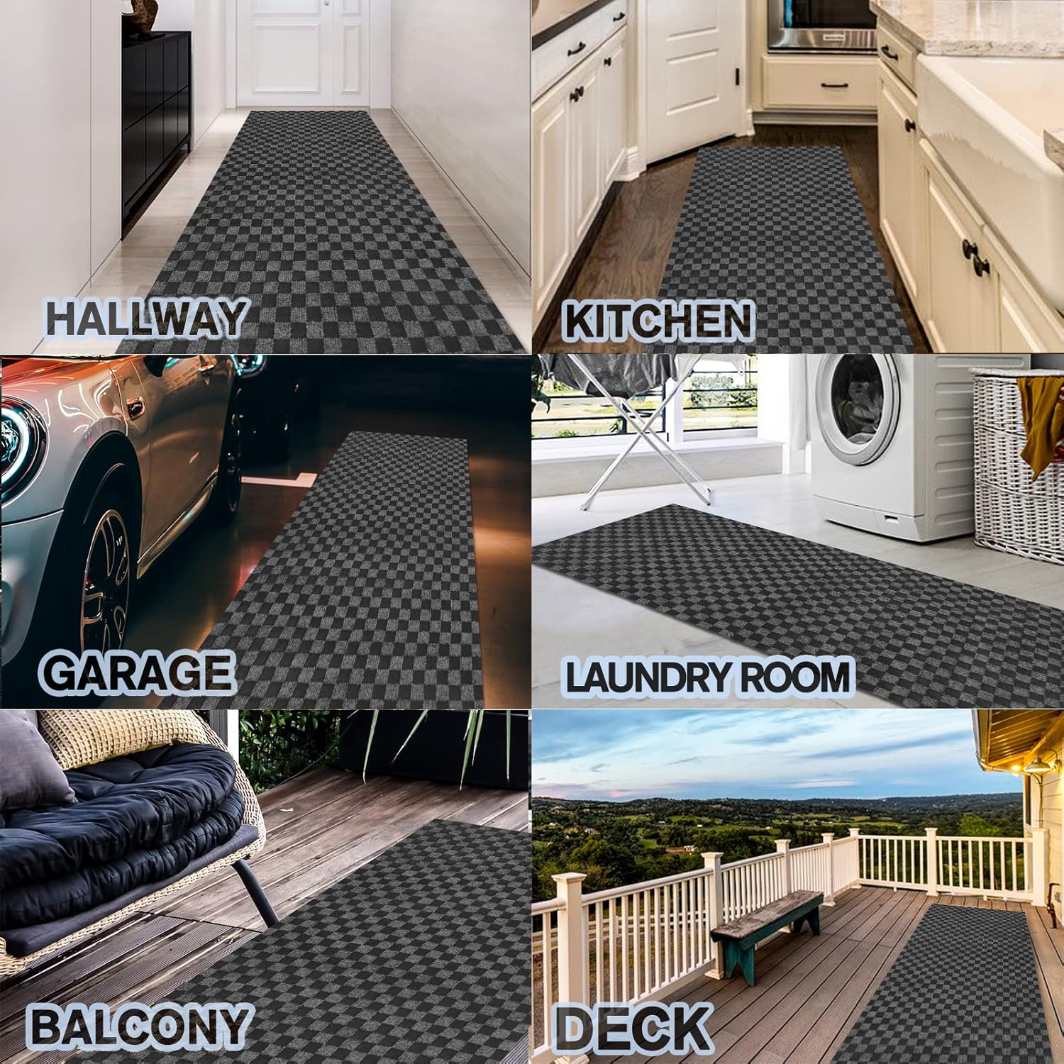Custom Size Backed Non-Slip Area Rugs Runner, Easy Clean, Waterproof Runner Rugs for Hallway Entryway, Kitchen, Laundry, 4FT x 70FT, Gray Checkered