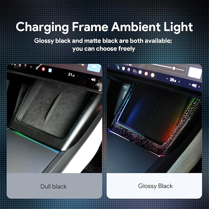 Ambient Lighting Wireless Charging Frame for 2025-2026 Tesla Model Y (Includes Juniper) 2024-2026 Tesla Model 3 PC Stylish Decorative Accessories (Little Starry Sky, Glossy Black)
