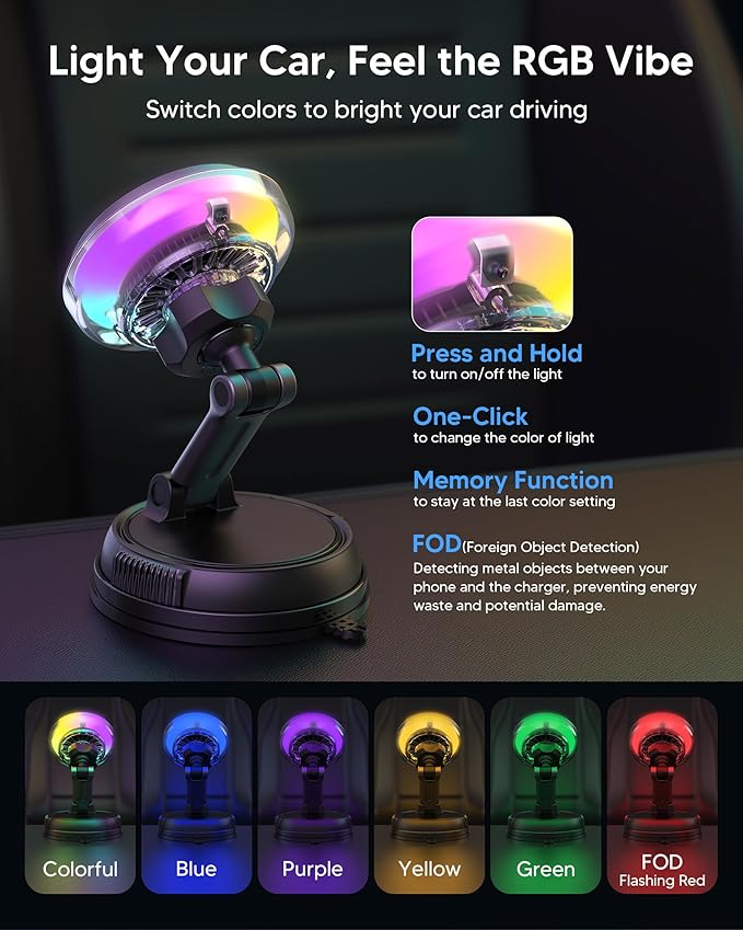 Qi2.2 25W MagSafe Car Mount Charger, [Phone Cooling Fan＆RGB Lights] Wireless Car Charger with 78+LBS Vacuum Suction, 360°Rotatable Magnetic Car Phone Holder with 63w Adaper for iPhone 17-12 Series