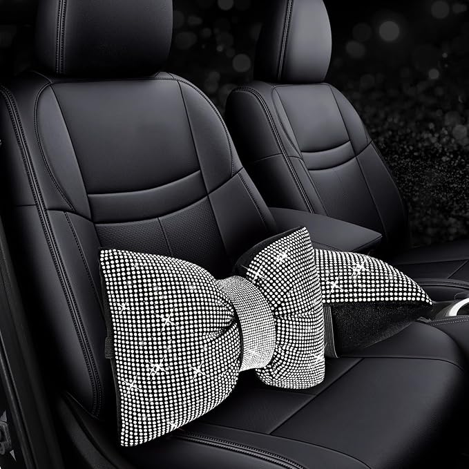4 PCS Bling Car Pillows,Rhinestones Bowknot Car Headrest Pillow,Car Neck Pillow for Driver Relax Necksupport,Sleeping Travel Support Neck Pillow,Shiny Diamond Interior Accessories for Women,White
