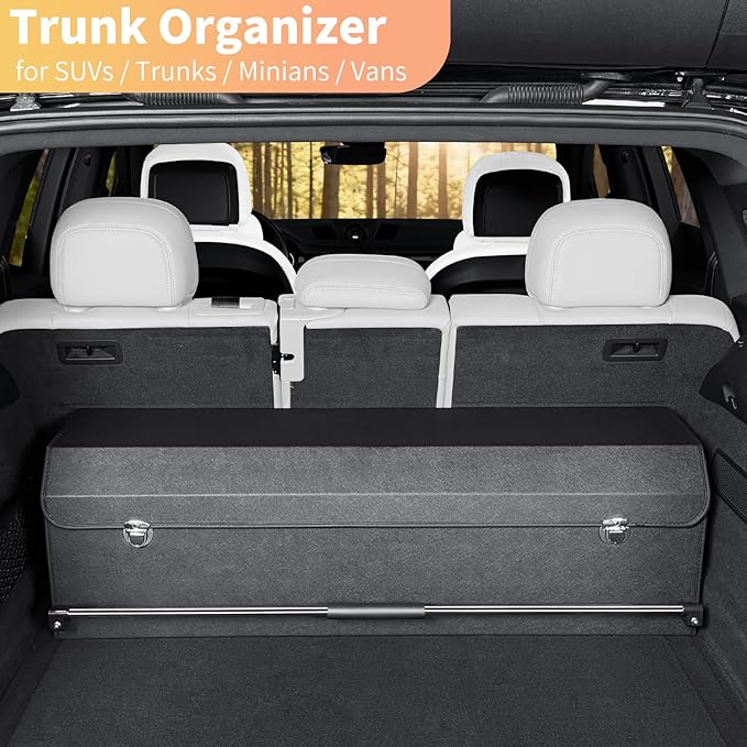 SUV Trunk Organizers, Leather Car Trunk Storage Organizer with Lid & Push-pull Handle, Large Capacity Waterproof Cargo Storage Box for SUVs Sedans Vans (39.7 x 11.4 x 12.2in)