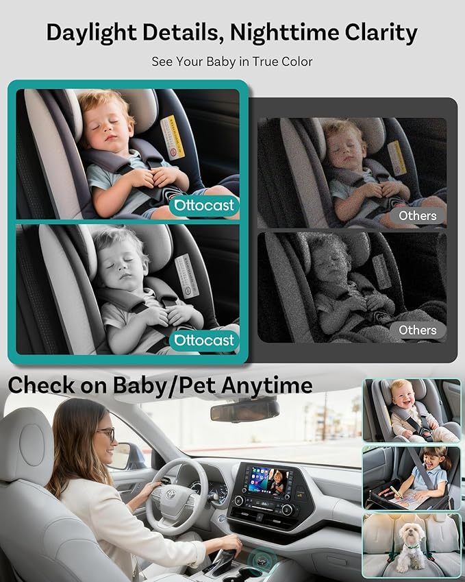 OTTOCAST Cabin Care Car Camera for Baby, Wireless CarPlay Adapter with 1080P Baby Car Camera, HD Night Vision, 150° Wide Angle, Real-Time Rear Seat Monitor, Easy Installation