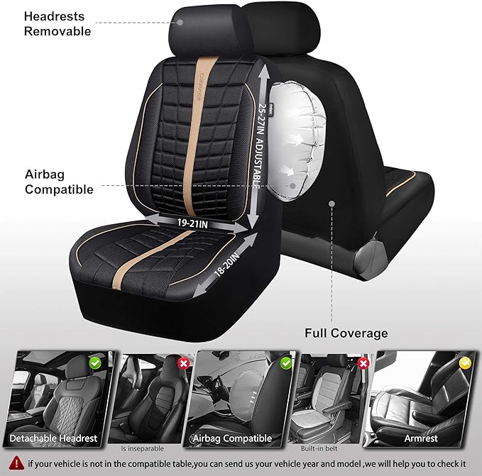 CAR PASS 3D Foam Mesh Leather Car Seat Covers Full Set, Breathable Premium Leather Seat Covers for Car,Anti Slip Universal Fit for Trucks Cars Sedans Vans SUVs, Airbag Compatible, Black Beige