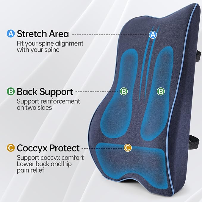 Lumbar Support Pillow for Office Chair, Back Support Pillow with Memory Foam, Relieves Back Pain, Removable Washable Cover & Adjustable Strap, for Car/Gaming Chair,Gift-Navy Blue