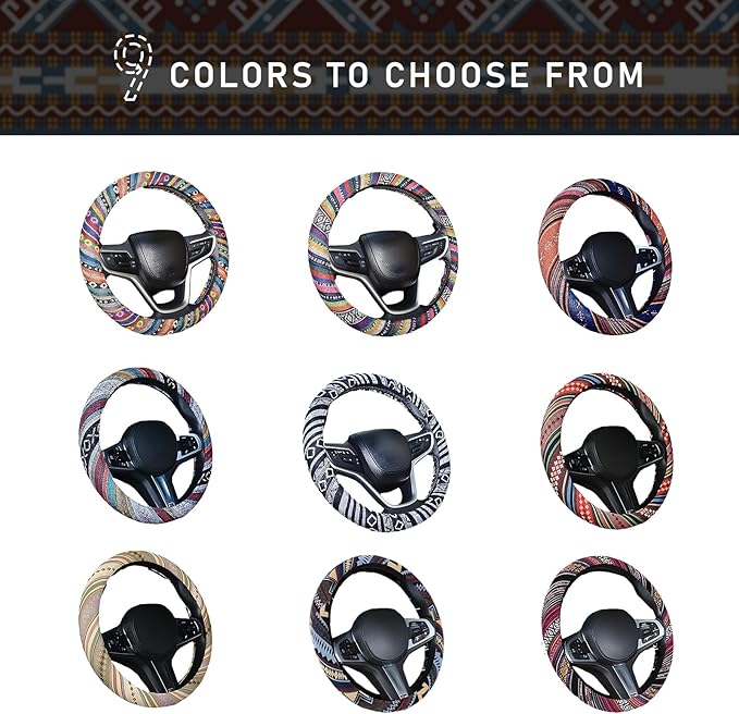 Boho Steering Wheel Cover, 15.0"×15.0" Anti-Slip Baja Blanket Ethnic Steering Wheel Protector, Breathable Flax Cloth Elastic Bohemian Steering Wheel Cover, Car Accessories (Style F)