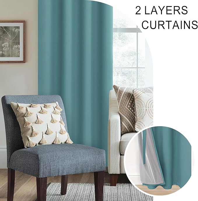 XWZO 100% Blackout Curtains - Thermal Insulated Black Liner Curtains, Noise Reducing and Heat Blocking Drapes for Hall and Studio Windows with Tiebacks, Stone Blue, W70 x L84, Set of 2