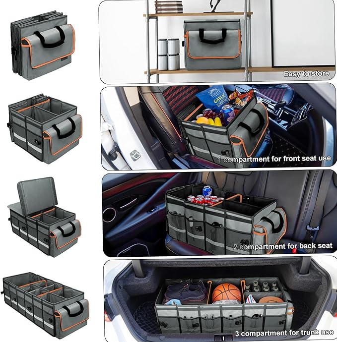 GDNasist Car Trunk Organizer and Storage with Removable Leakproof Cooler Bag, 6 Removable Dividers for Custom Space, Collapsible Trunk Storage with Non Slip Bottom, Foldable Cover for SUV, Jeep, MPVs