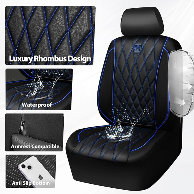 CAR PASS Piping Luxury PU Leather Two Front Car Seat Covers,Waterproof Anti- Slip Seat Covers Compatible with Front Seat Armrests,Universal Fit for Suvs,Vans,Trucks,Airbag Compatible(Black and Blue)