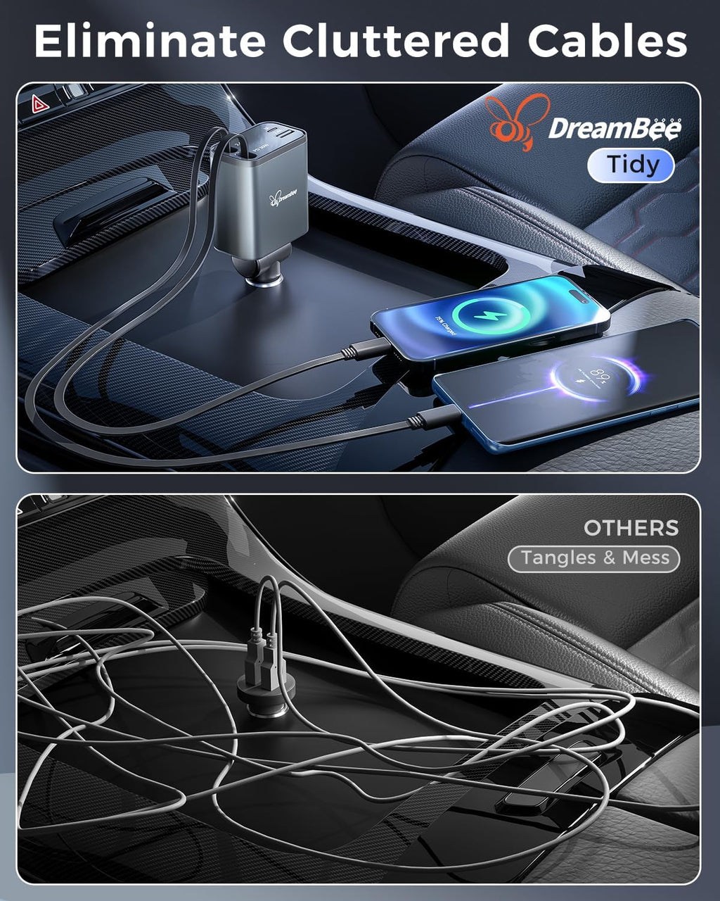 Retractable 70W USB Car Charger Adapter, 4 in 1 Fast Phone Charger, 2 Retractable Cords, USB C, Compatible with iPhone 16/15/15 Pro Max/14/13/12/11, Samsung