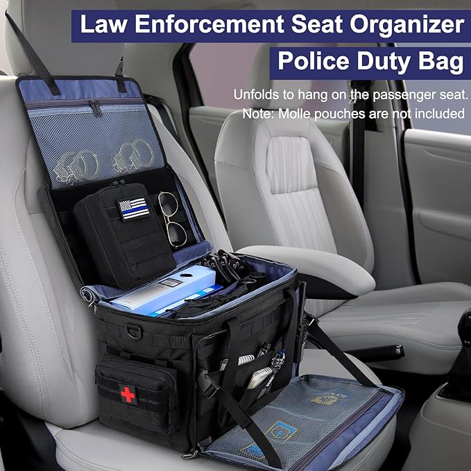 Patrol Bag Law Enforcement Police Gear Bag, Car Front Seat Organizer Tactical Officer Duty Bags, Police Car Accessories for Passenger Seat, Multiple Compartment Molle Webbing Removable Shoulder Strap