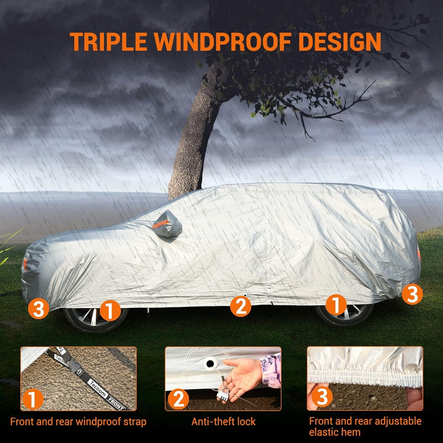 Tecoom Car Cover Waterproof All Weather, Fleece Lining with Zipper Door Lock Car Covers for Automobiles, 3 Layers Full Outdoor Car Cover Wind Snow Hail UV Sun Protection Fit for SUV (191-205 Inch)
