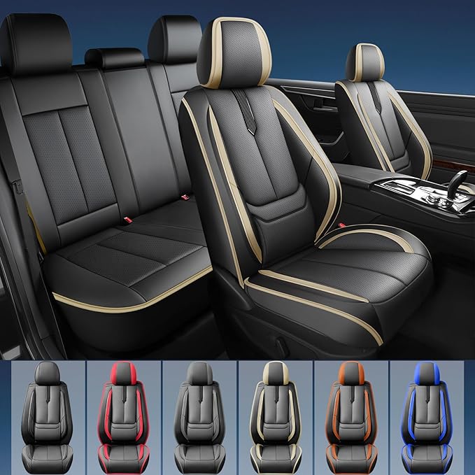 Fit Prologue Car Seat Covers for Honda Prologue 2024 2025 2026-Upgraded Premium Waterproof & Breathable Leather,Airbag Compatible,All-Weather Seat Cushion Protector,Full Set,Black-Beige