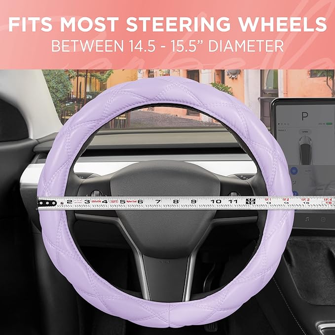 Purple Stitched Leather Steering Wheel Cover for Women, Standard 15 Inch Size Fits Most Vehicles, Cute Faux Car Steering Cover with Diamond Double-Stitch Detail, Car Accessories for Women