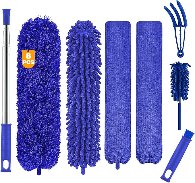 Buysenton Microfiber Duster, 8PCS Feather Duster with 100 Inch Telescoping Extension Pole, Reusable Bendable Dusters, Washable Lightweight Dusters for Ceilings Fans(2023 UAGRED)