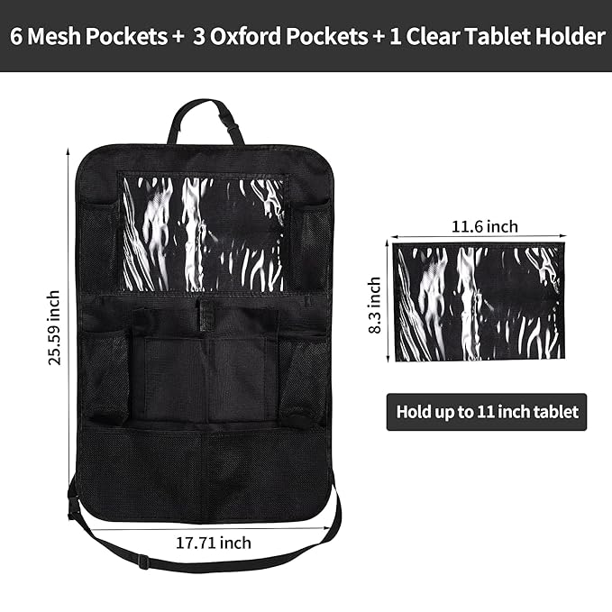 Ecurfu Backseat Car Organizer with 10 Compartments, 10 Inch Tablet Holder, Waterproof Storage Bag for Kids Cars - 600D Oxford Fabric, Black (1PC)