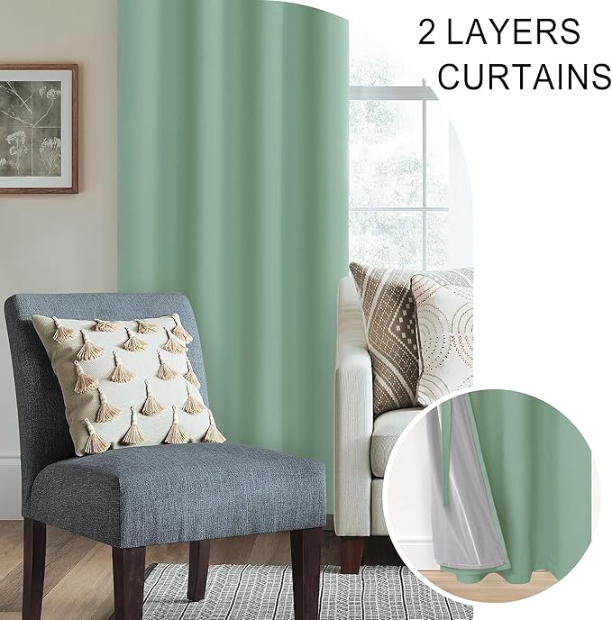 XWZO 100% Blackout Curtains 2 Panels with Tiebacks- Heat and Full Light Blocking Window Treatment with Black Liner for Bedroom/Nursery, Grommet Top, Light Sage, W52 x L63 Inches Long, Set of 2