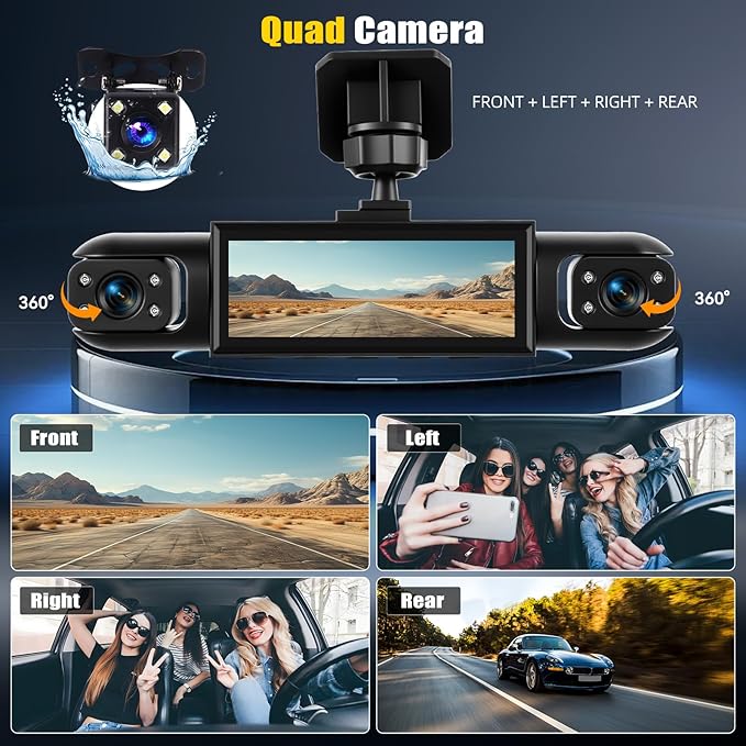 4 Channel 360° Dash Cam Front and Rear Inside Left Right,3.16" 1080P Dash Camera for Cars Car Camera with IR Night Vision,Loop Recording,Parking Assistance,24H Parking Monitor