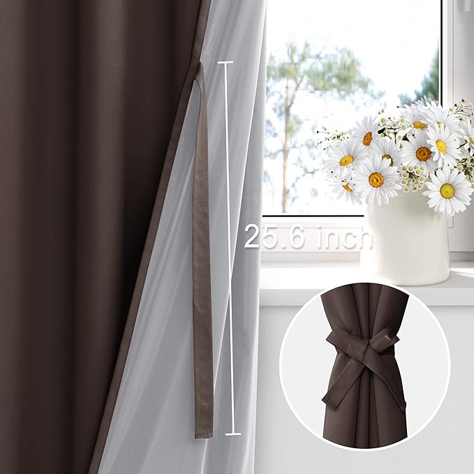 XWZO 100% Blackout Window Curtains - Thermal Insulated & Completely Room Darkening Black Liner Window Treatment with Tiebacks for Bedroom/Living Room, Brown, W38 x L63, Set of 2 Panels
