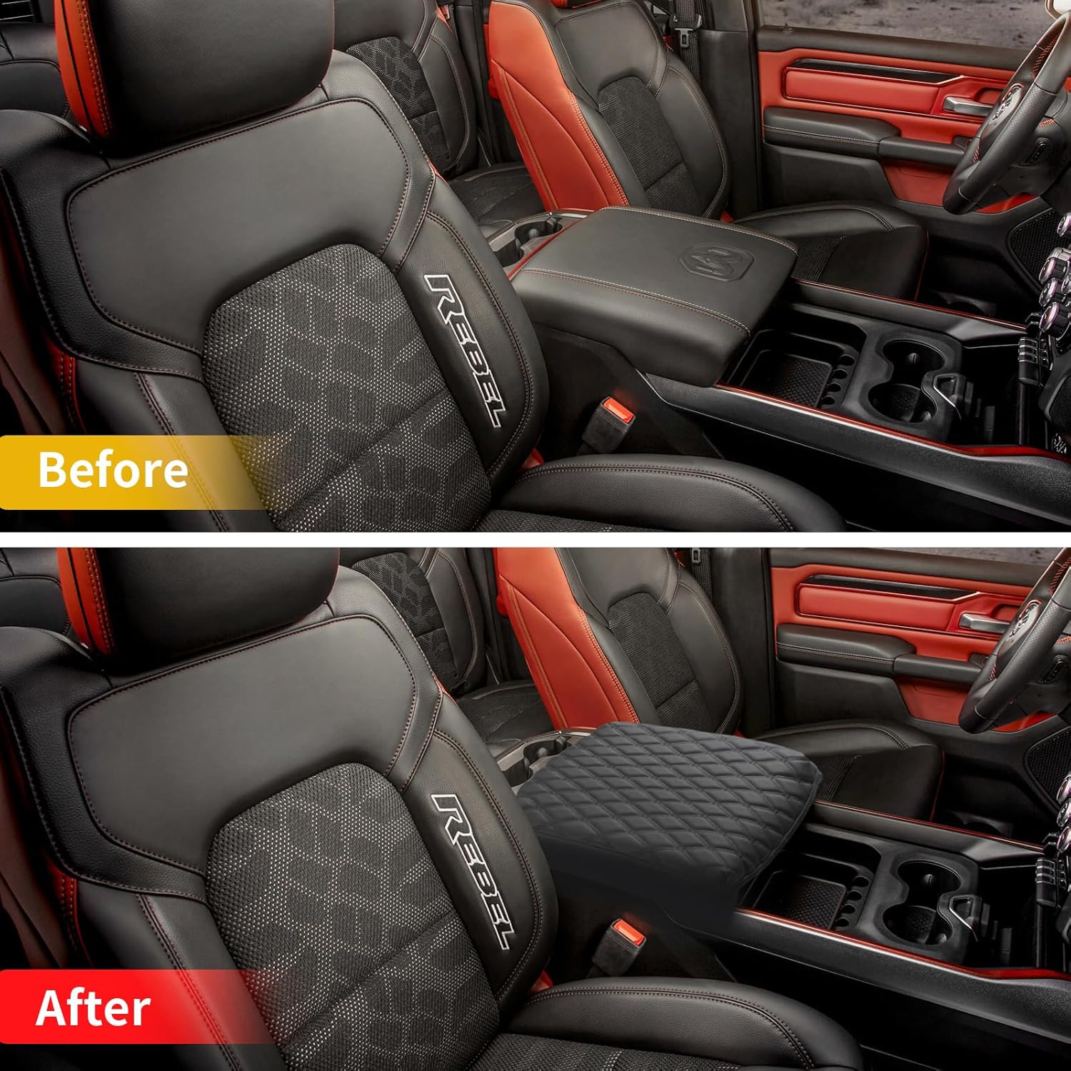 GIANT PANDA Custom Fit Center Console Cover for Dodge RAM 2009-2023 with Bucket Console- Waterproof Faux Leather Armrest Center Cover - Full Protection - Black